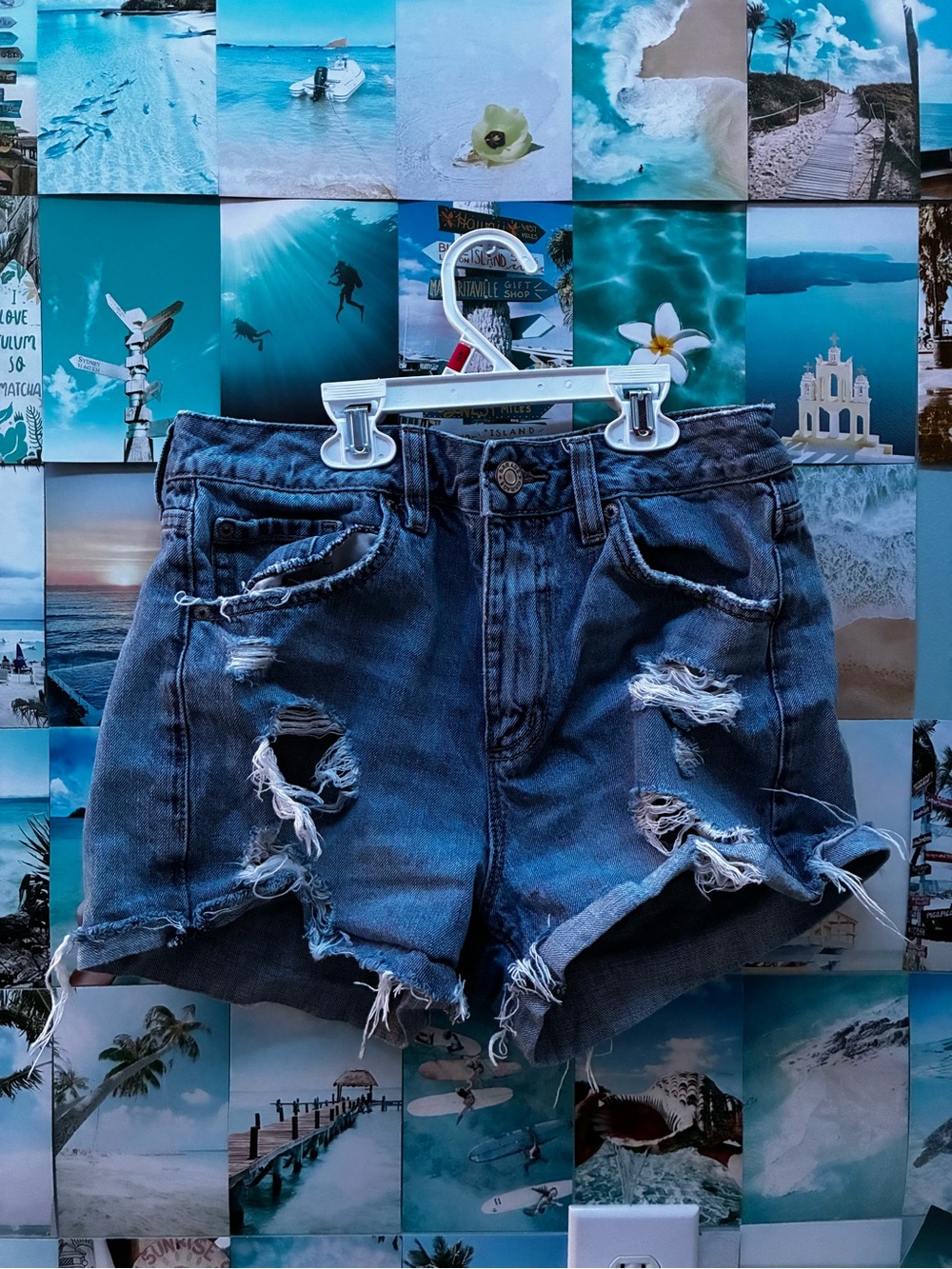 Garage Distressed High-Waist Denim Shorts - Blue